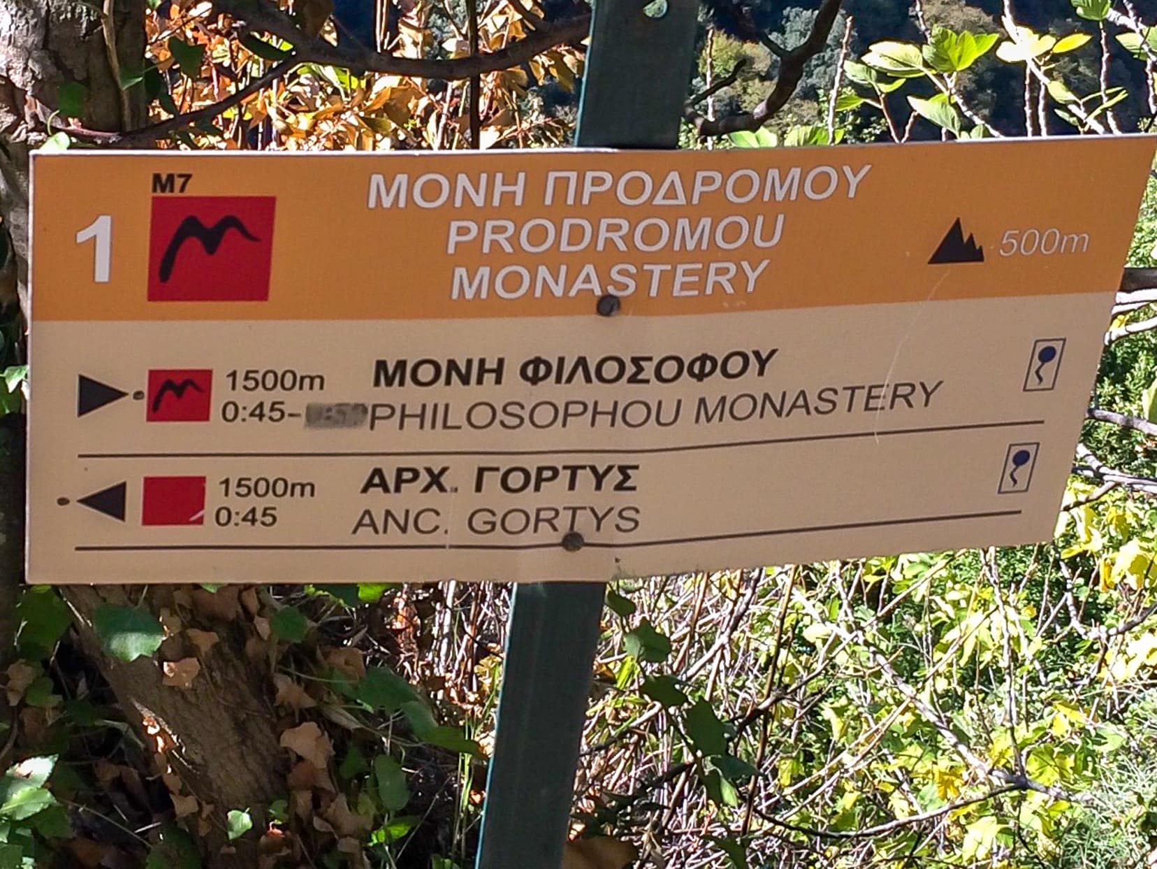 Sign post in greek language in the trees