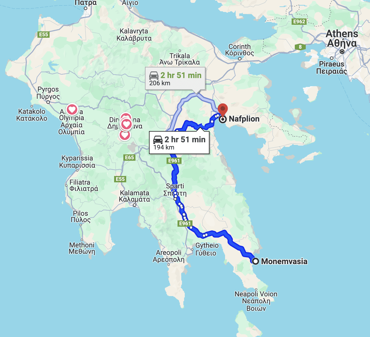 Monemvasia to Nafplio quick route