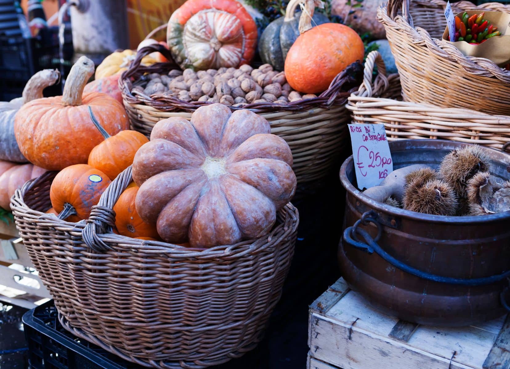 Alberobello Market vegetable, pumpkins and horse chestnuts