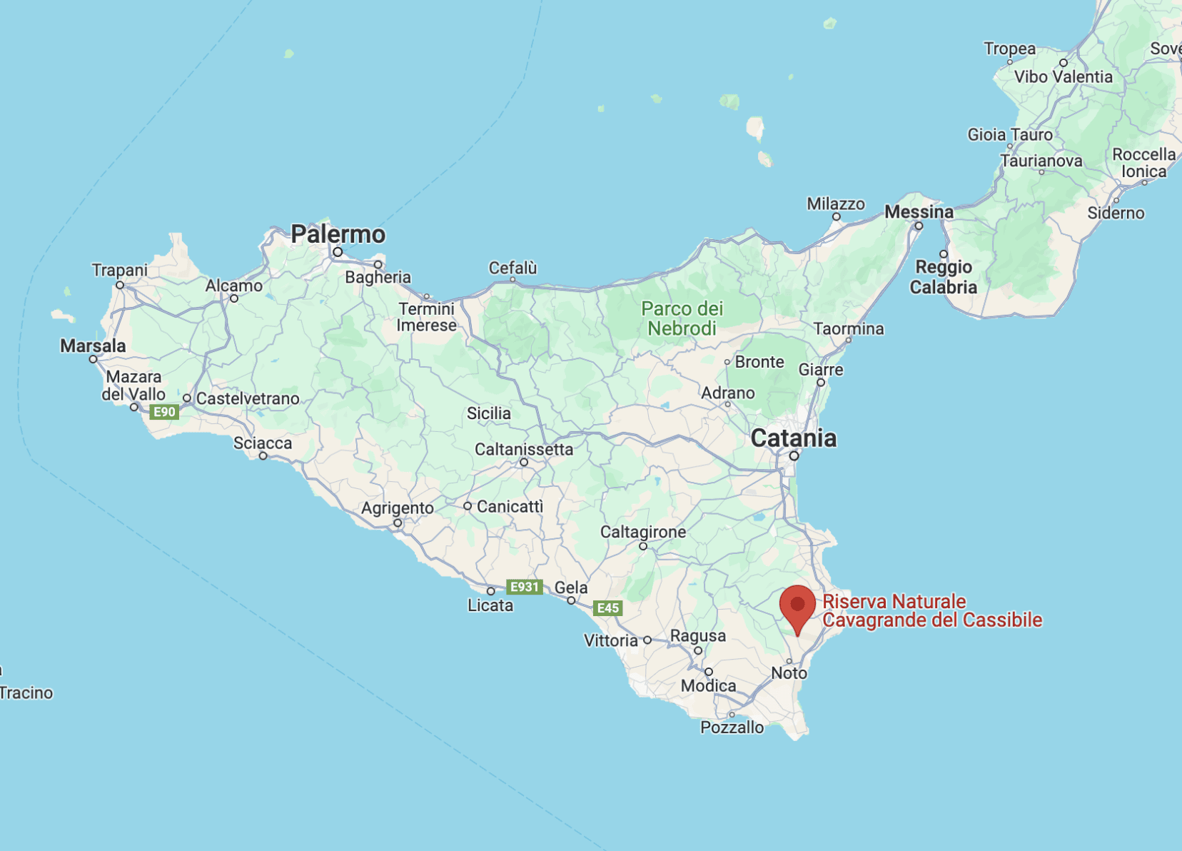 Cavagrande on the map of Sicily