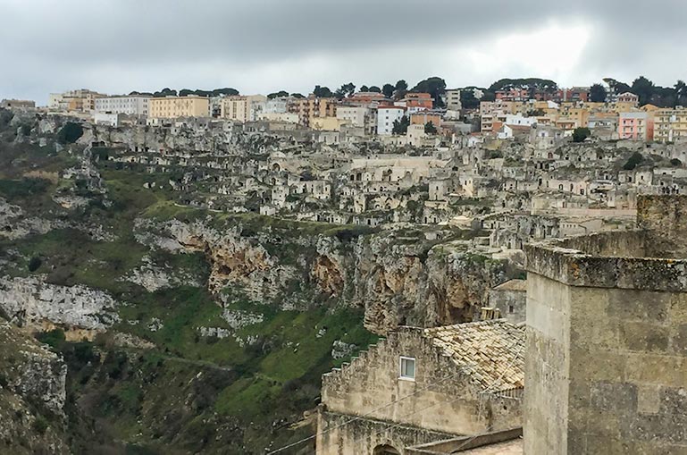 The old Sassi di Matera and the modern apartment blocks further up the hill