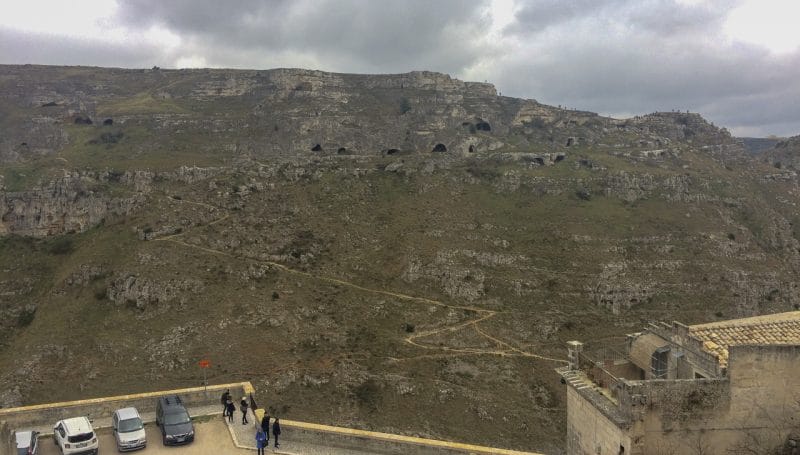 The opposite side of the ravine to Matera, the Murgia National Park with its many rock churches and ancient trails.