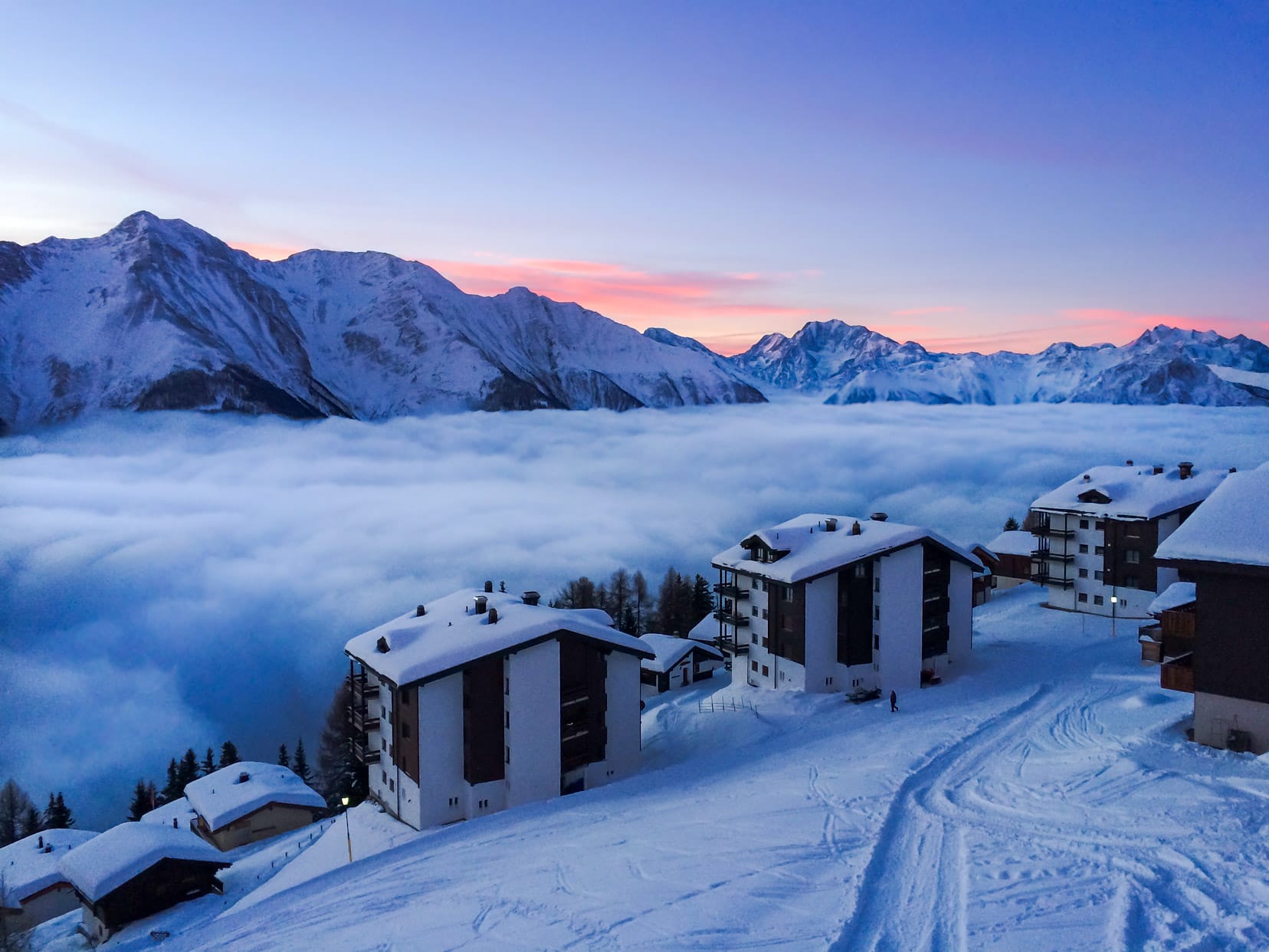 Sunrise-over-snowy-mountains on Christmas in Bettmeralp holiday