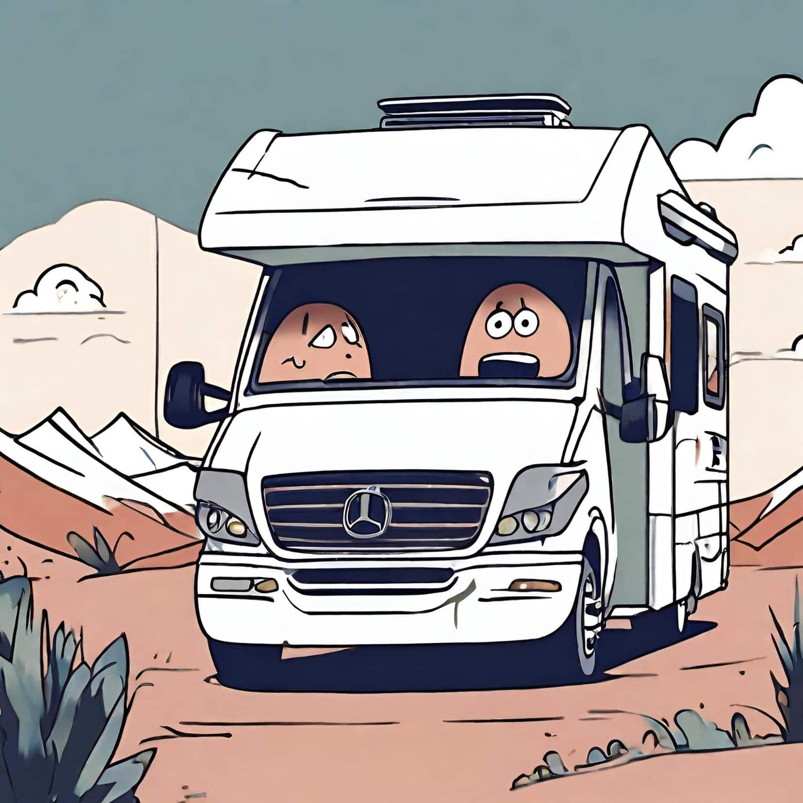 Comic like picture with Two blobby like people looking frustrated in a white motohome. To show that reading this motorhome tips for beginners post will mean you won't be looking like this! 