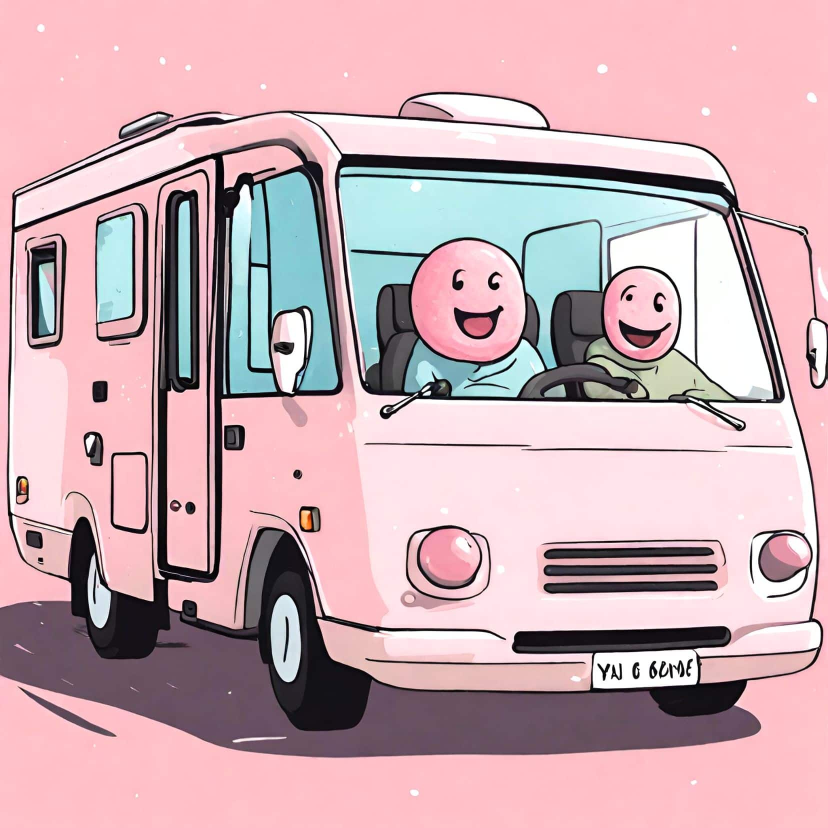 Comic picture of two pink blobby like people in a pink motorhome looking happy - to show what you'll fell like on a motorhome trip once you've read this motorhome guide