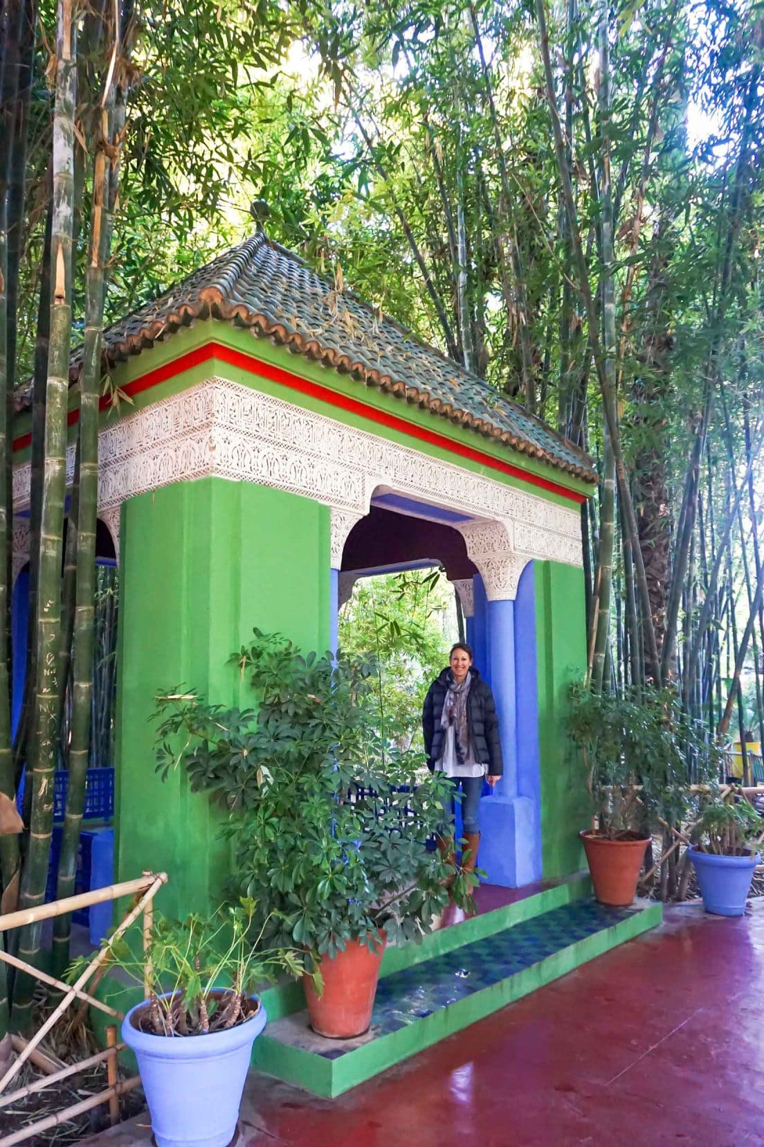 Shelley stood in an arbour at Majorelle in marrakech