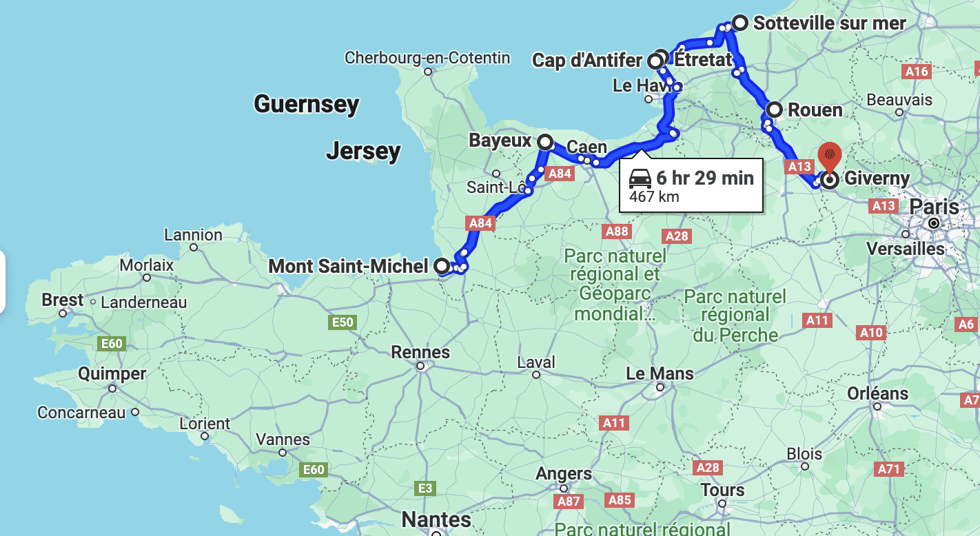 Normandy Road Trip Route