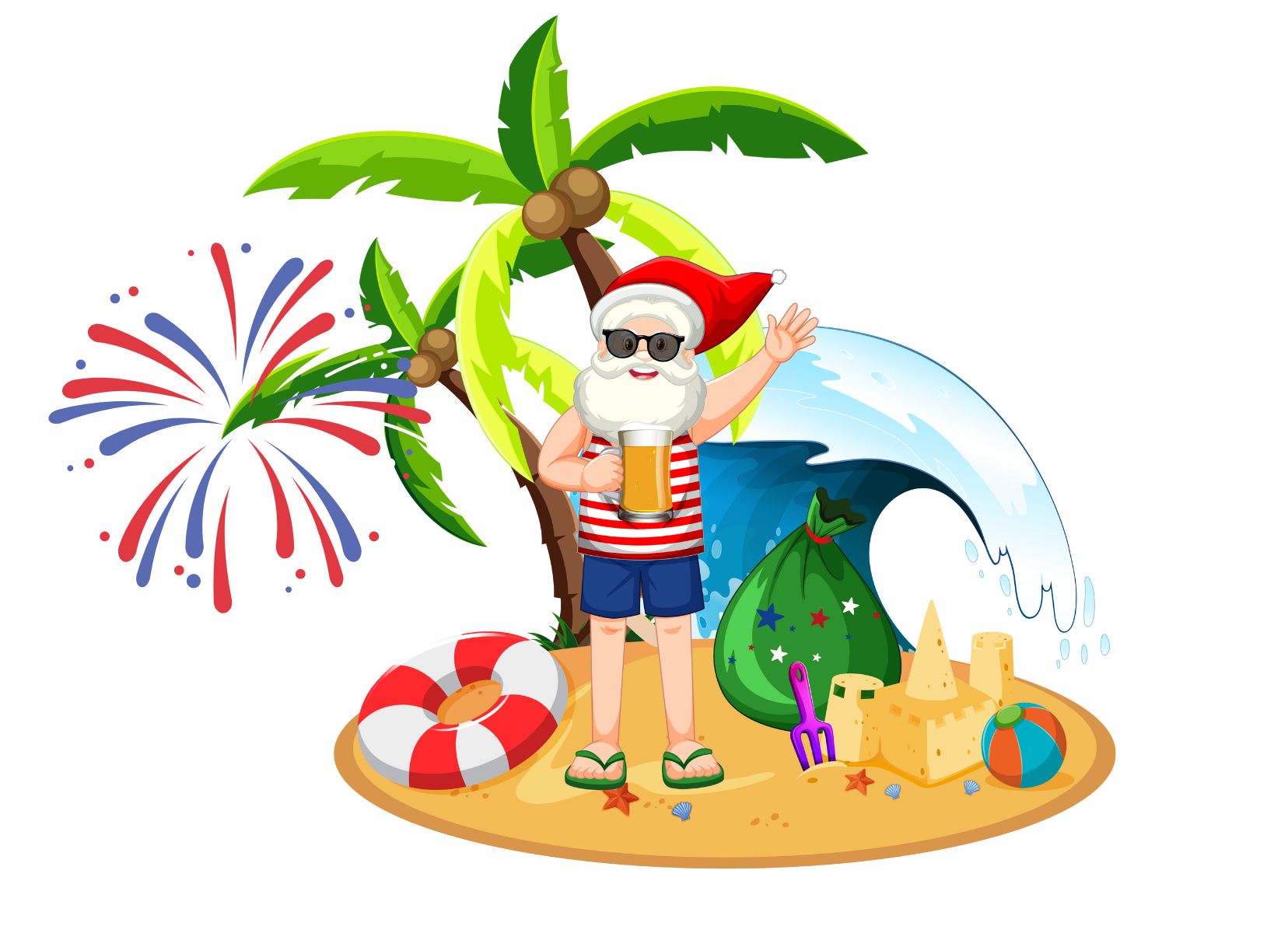 graphic of man dressed in shorts and tshirt with a santa hat on a desert island, wearing sunglasses