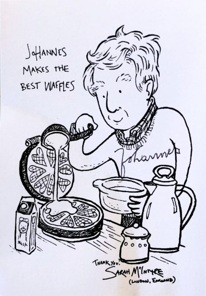A sketch of a man making waffles