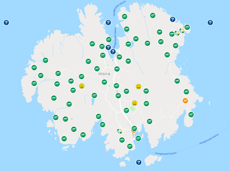 A map showing geocaching green dots over Utsira Island
