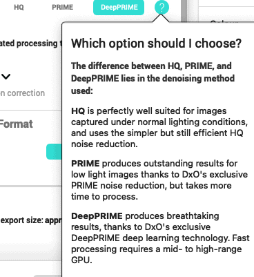 de-noising options within DxO