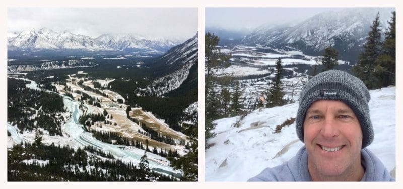 Two photos one on the left of the view from the top o Tunnel Mountain - pinetrees, swirly river and snow. On the right the same view bot with Lars face in the shot too 