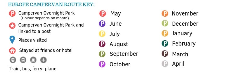 Europe Campervan route Map key