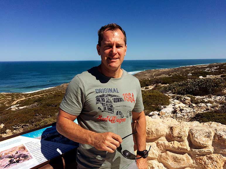 Lars at Bunda cliffs on the Nullarbor Plain - on the Perth to Melbourne Drive