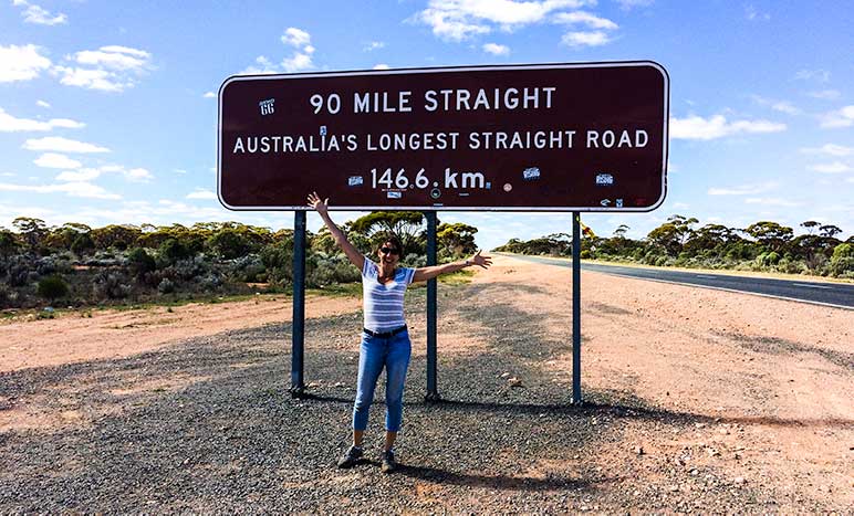 90 mile straight sign on the Nullarbor stretch of road on the drive from Perth to Melbourne