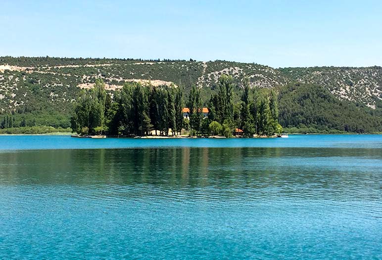 Visovac Lake Island with monastery in the middle, Croatia