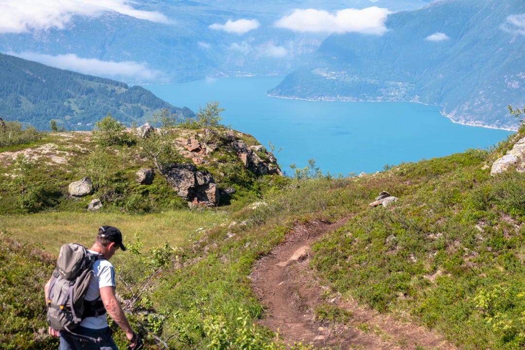 mountain descent on a trail to the fjord