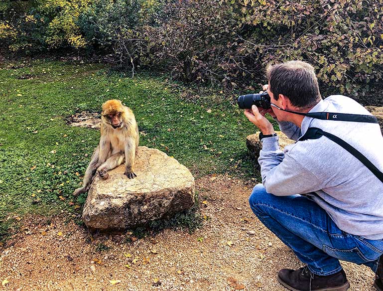 Lars taking a photo of a monkey at the monkey forest