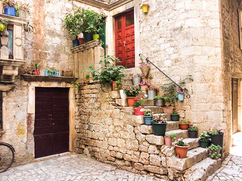 Doorway with steps lined with pot plans in Trogir, Split