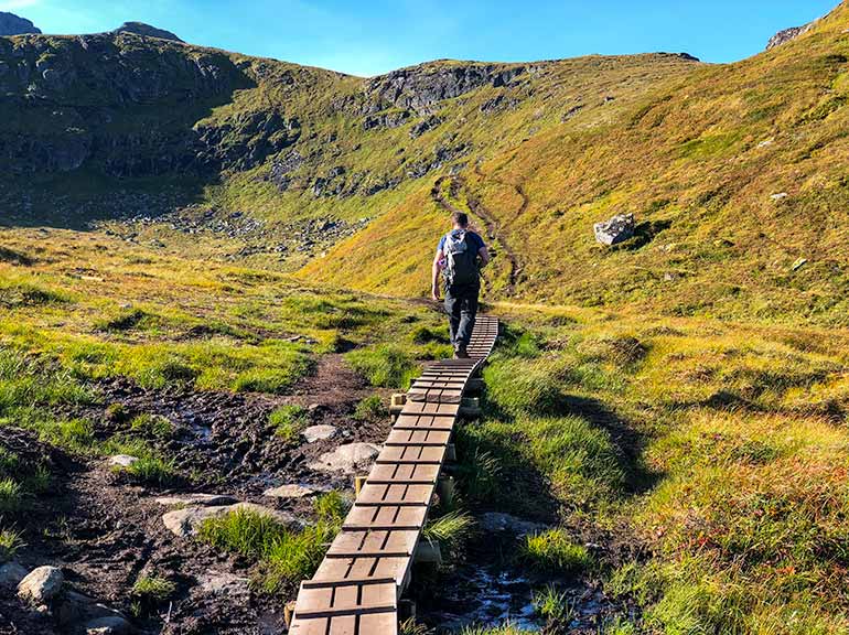 Boarded walkways on boggy parts of Ryten Lofoten hike