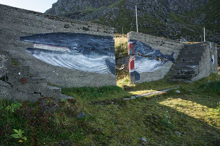 Some funky whale art drawn on a concrete wall adds colour