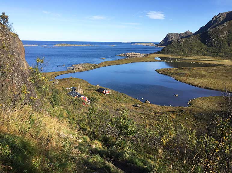 View from the top of the mountain of the last challenging part of the Dronningruta hike