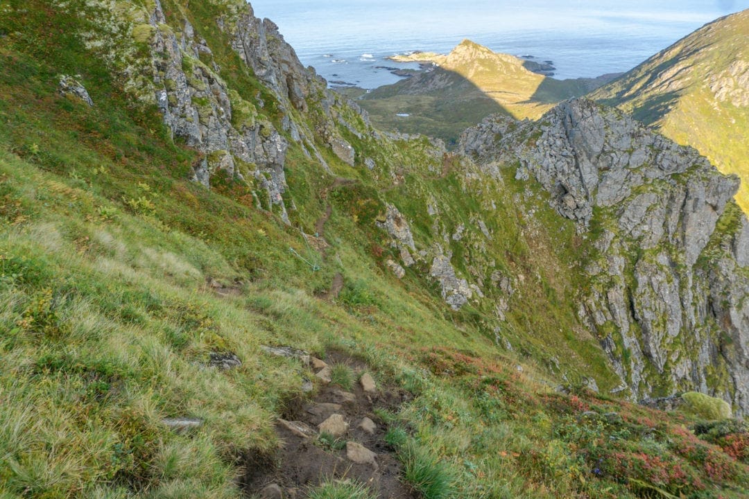 steep mountain trail with rope hand rails