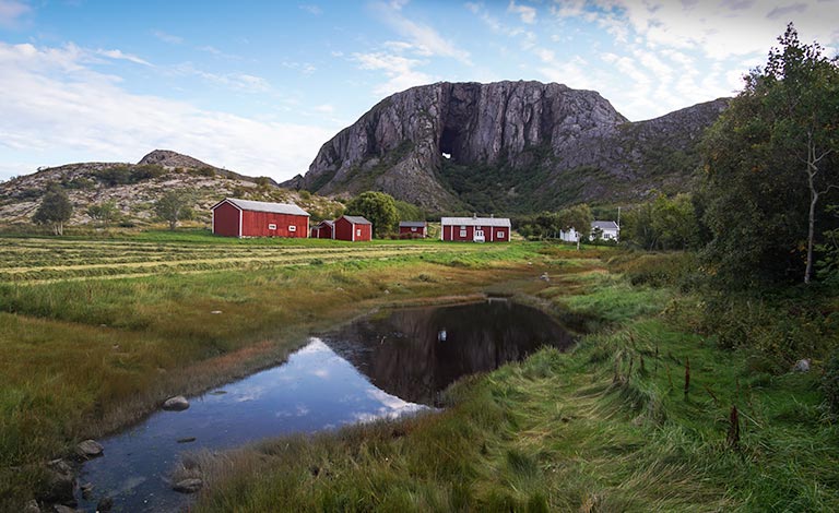 Hiking Norway: 'Torghatten' - the 'hole in the mountain' as seen from the coast.