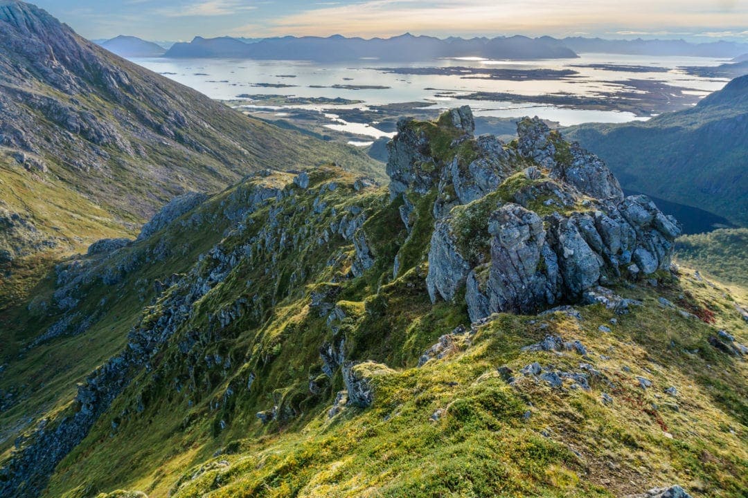 Sea views over rocky mountainous ground