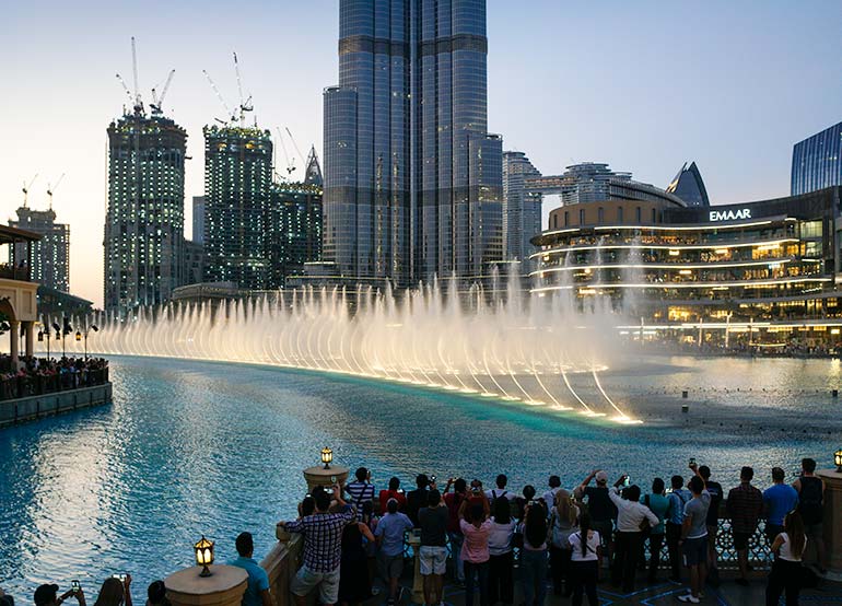 The Dubai Fountain in full swing close to sunset