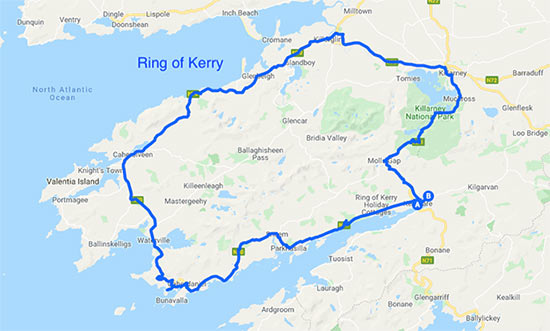 Map showing the driving route for the Ring of Kerry