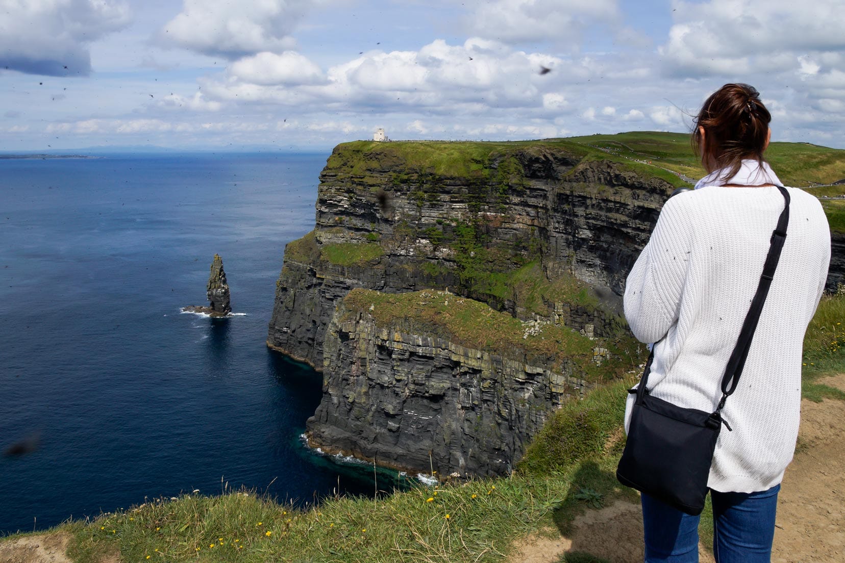 Shelley at the Cliffs of Moher with lots of flies on her white jumper and flying around