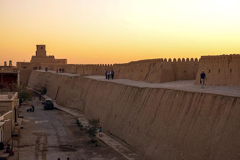 Khiva old city wall at sunset
