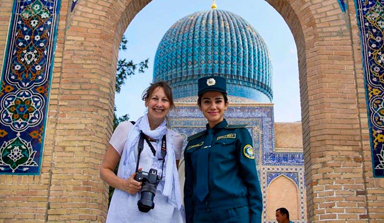 Shelley with an Uzbekistan tourist police officer in Samrakand