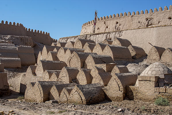 Earthen brick tombs inside a city wall