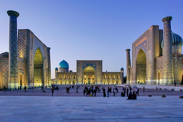 Registan square with 3 huge madrasahs facing each other