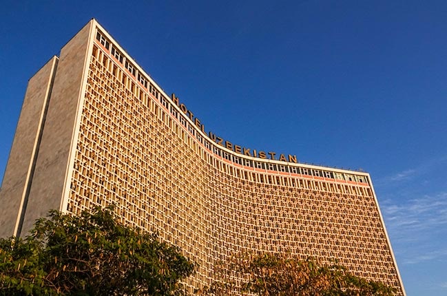 Russian hotel with structured metal architecture in Tashkent on this Uzbekistan Itinerary