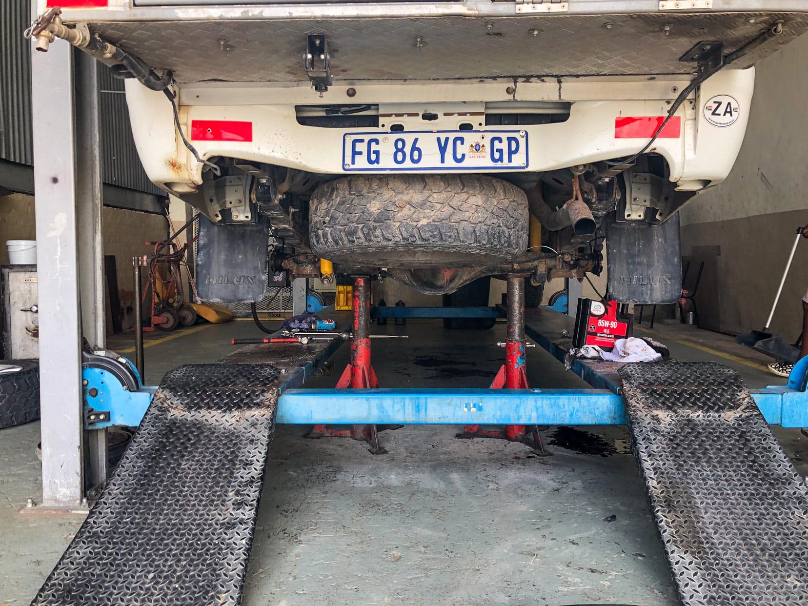 Our Hilux 4x4 jacked up on the stands without the rear wheels