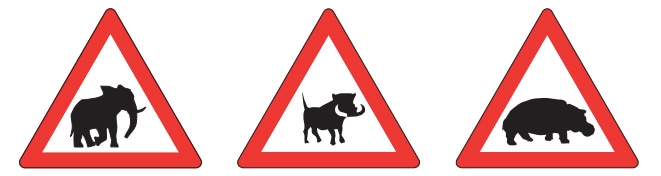 wild animals signpost on the road - elephant, warthog and hippo