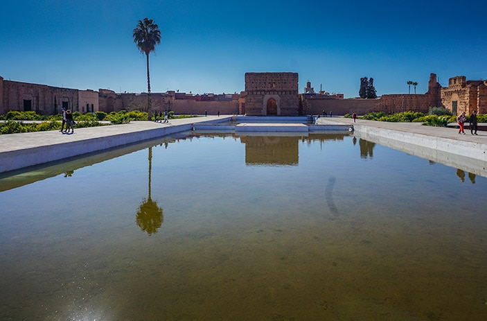 The abandoned Badi Palace grounds with a large central pool, Marrakech
