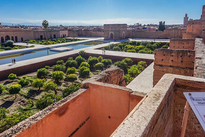 The abandoned Badi Palace grounds with pools and garden areas, Marrakech