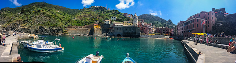 View of old town Vernazza across the water - one of the old towns of Cinque Terre