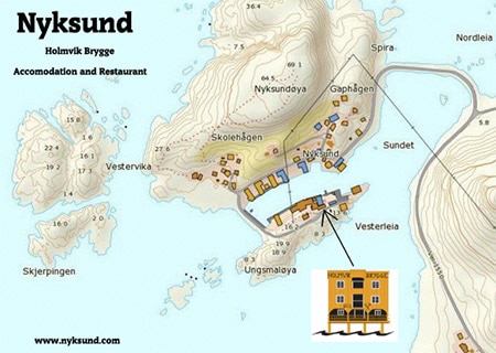 Holmik Brygge Accommodation, Nyksund Map - Dronningruta Hike