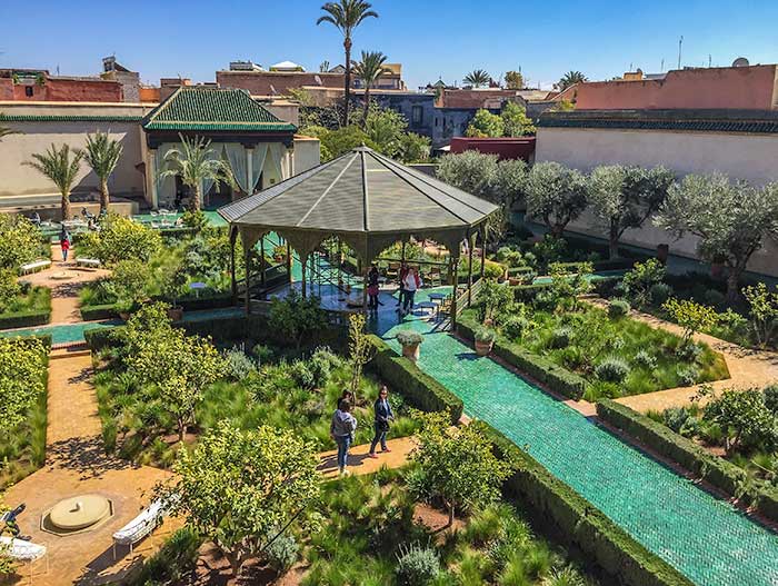 Le Jardin Secret, view from the top over the green gardens, Marrakech