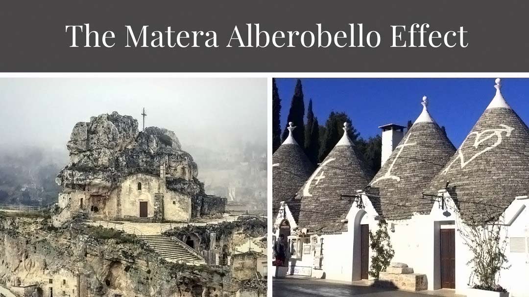 Matera Alberobello Effect header photo with one photo of Matera church and another of Alberobello trulli houses