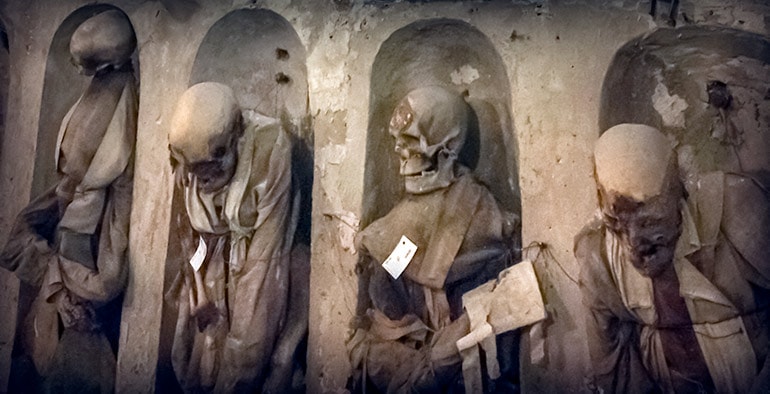 Skeletal remains in the Palermo Catacomb in Sicily Italy