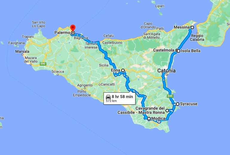 Sicily Road Trip google map showing route 