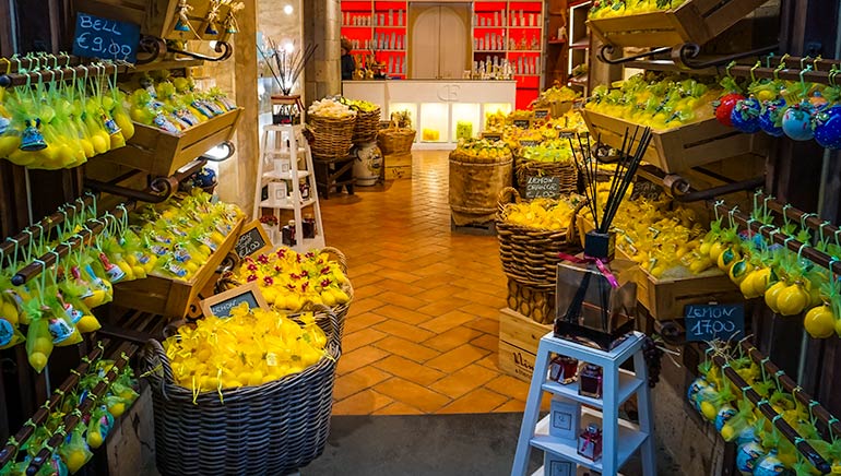 Lemons and lemon products in a shop in Sorrento Italy