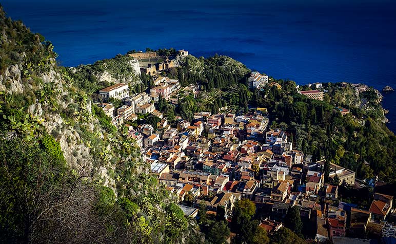 Stopover on our campervan Sicily trip - View of Taormina Sicily from above