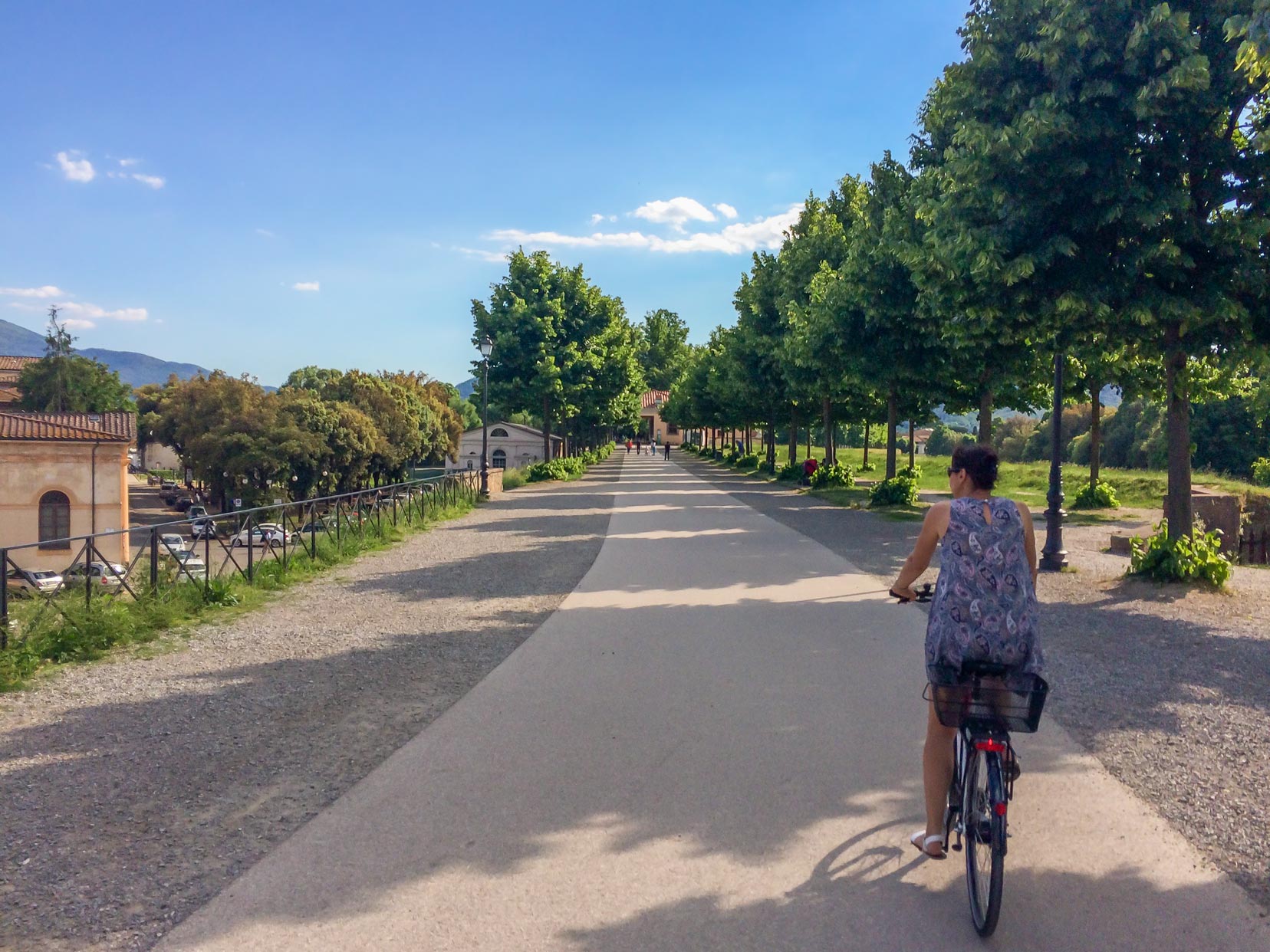 Shelley riding the ramparts in Lucca, Italy
